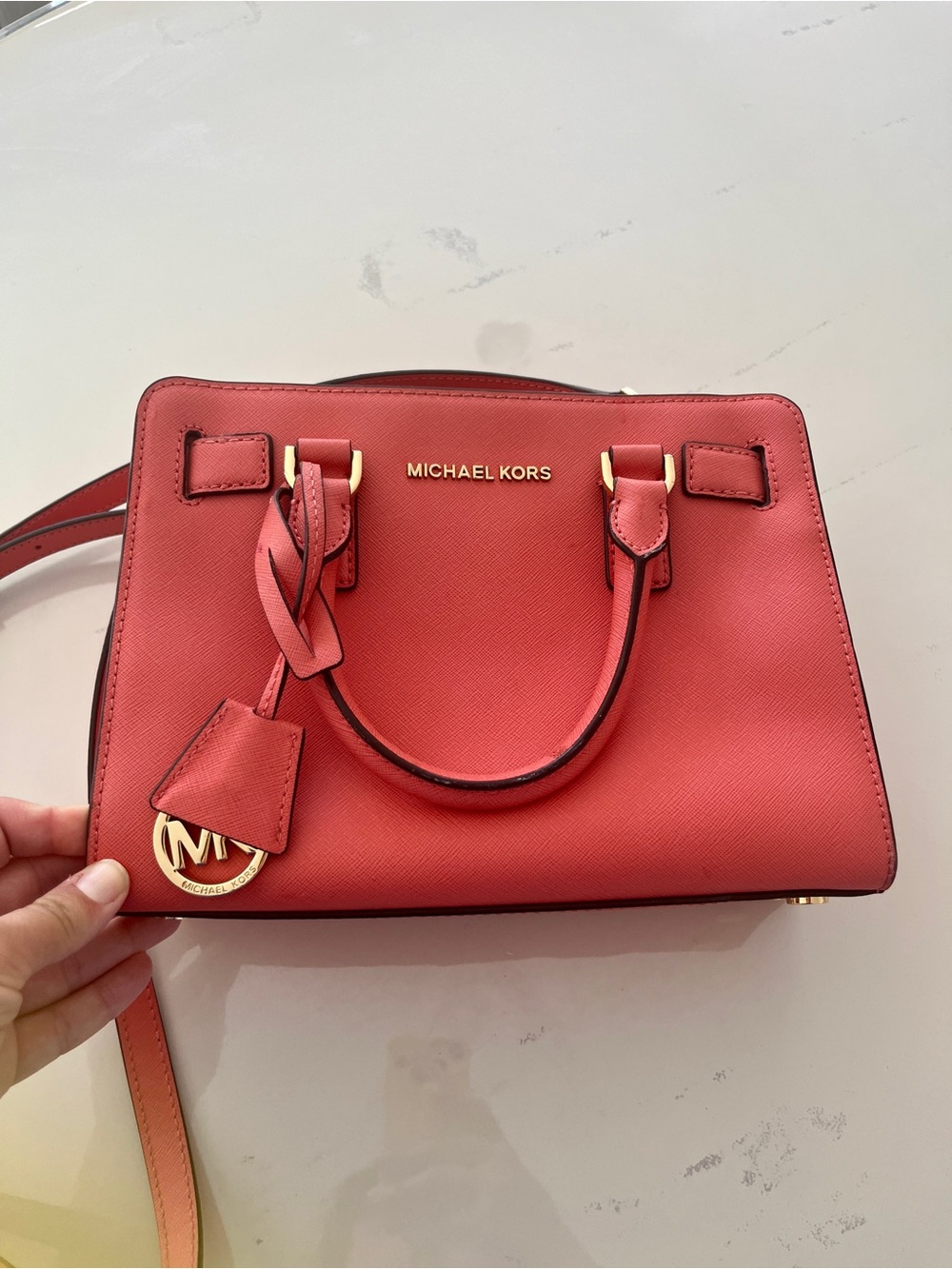 Michael Kors Coral Pink Saffiano Leather Satchel with Gold Hardware